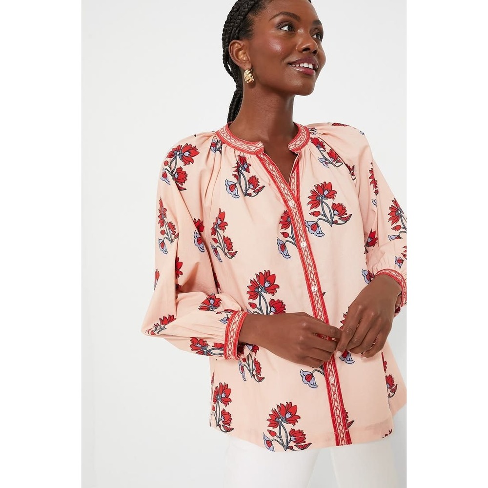 Tuckernuck Pomegranate Buds Aria Blouse Womens M Pink Floral Cotton Top HTF